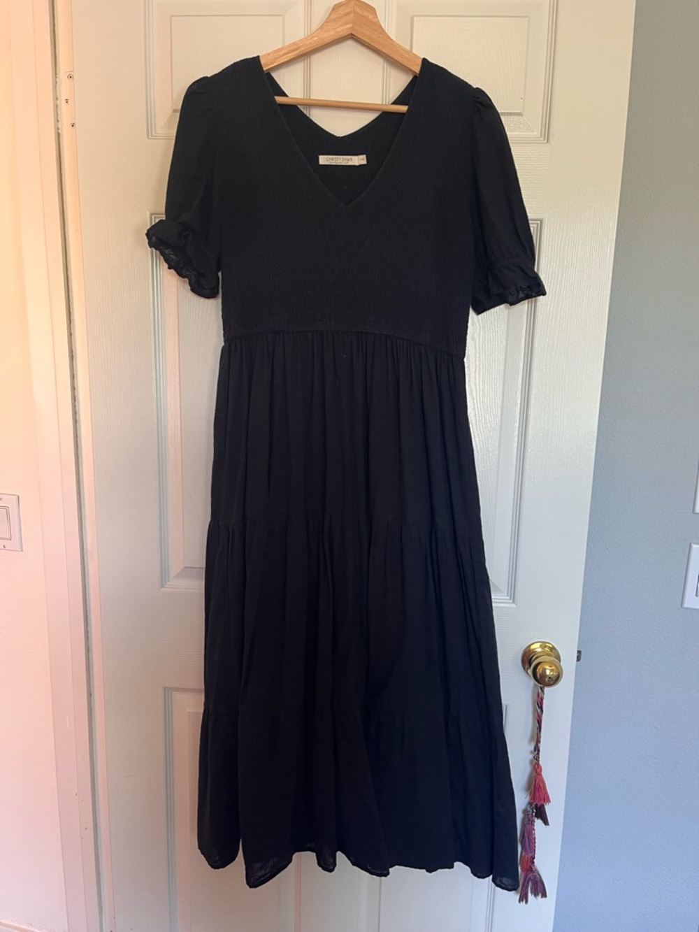 Christy Dawn Black Midi Dress with Puff Sleeves